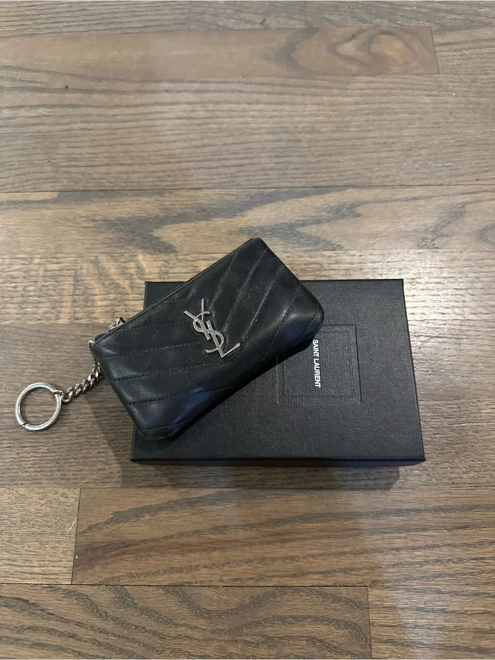 Saint Laurent Black Quilted Leather Key Pouch with Silver YSL Chain